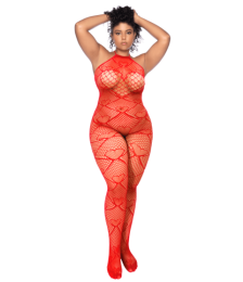 Bodystocking grande taille en résille rouge à motif cœur, orné de strass, ouvert à l’entrejambe - Mapalé